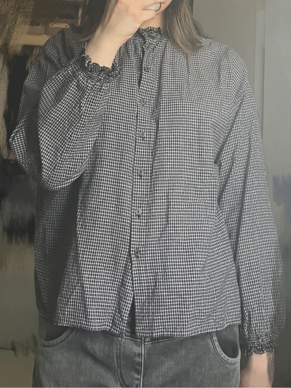 Samansa Mos2 SM2 Women's Black & White Gingham Button-Front Lace Collar Blouse